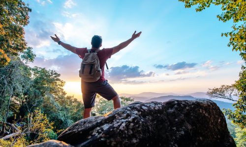 Rear view back of Young asian hiking man standing and rise-up hands with happy on peak of rocky mountain, copy space